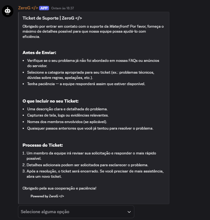 Interface de criação de ticket