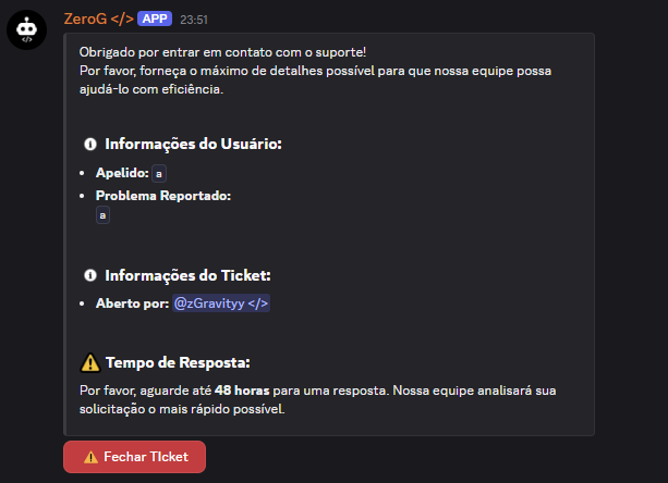 Ticket aberto com informações